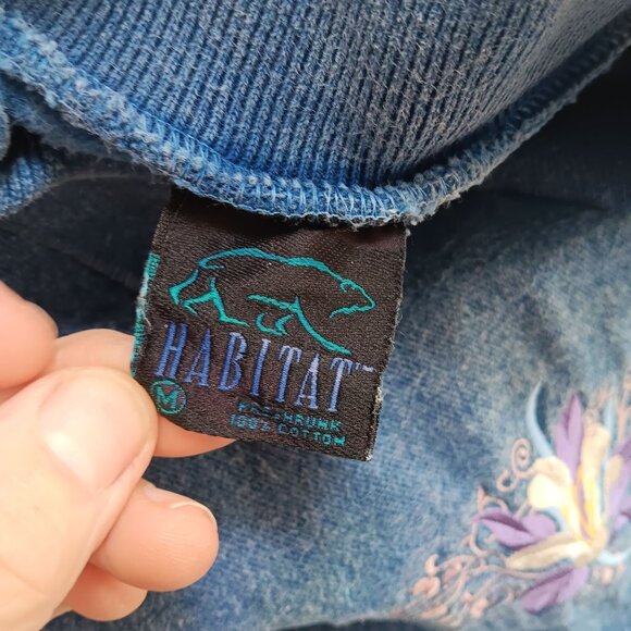 Women's Medium Vintage Sweatshirt Habitat Embroidered Floral Denim Collared Neck - Picture 2 of 8